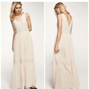 Massimo Dutti Elegant Cream V-Neck Maxi Dress